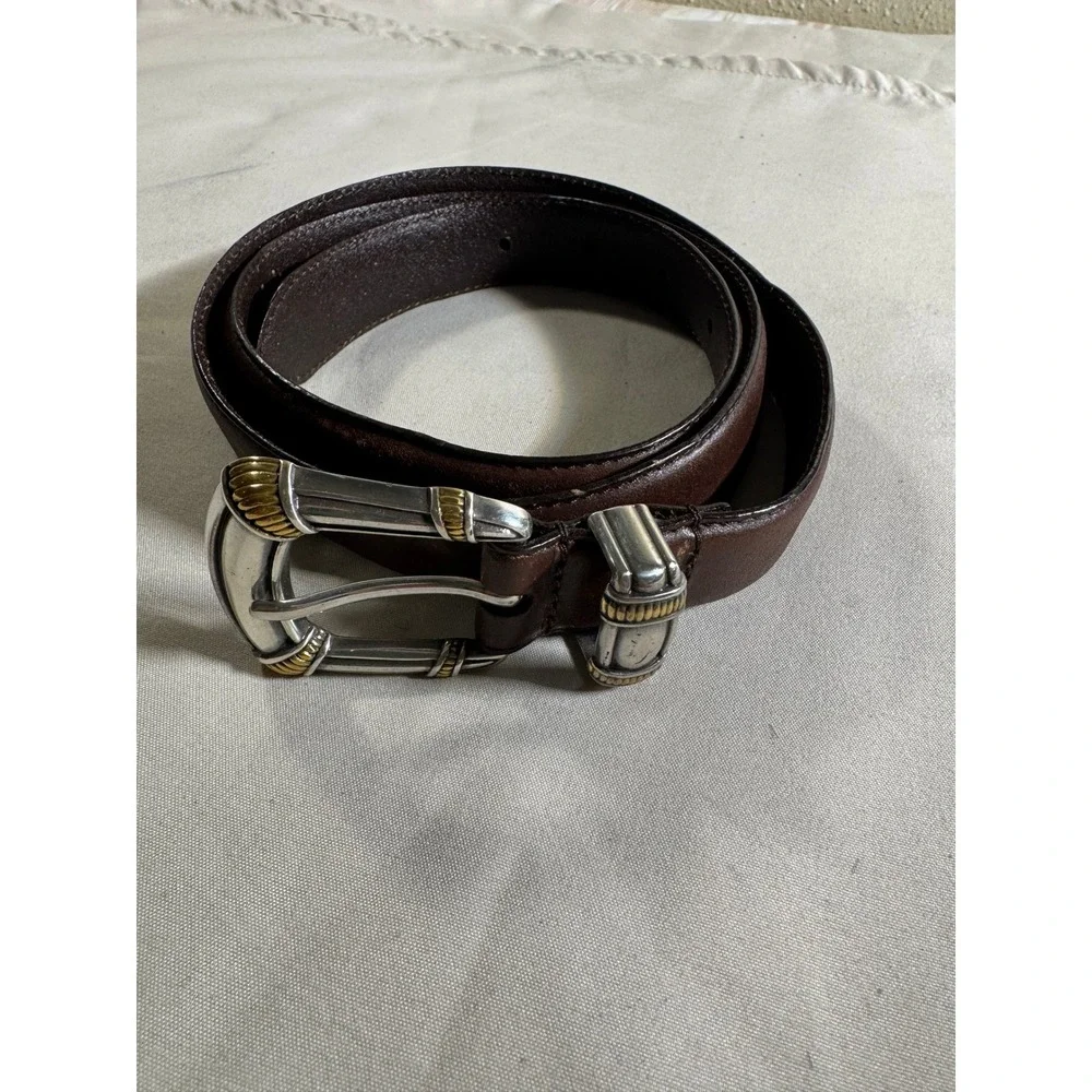 Vintage Brown Leather Belt Mixed Metal Silver Gold Tone Buckle Western Mens Mens